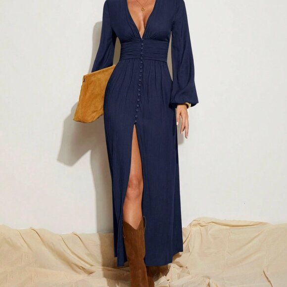 High Slit Deep V Maxi Dress Flowy Green - Picture 8 of 12